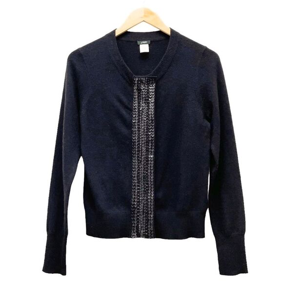 J. Crew Black Cashmere Wool Blend Full Zip Cardigan Sequin Placket Size Small - Picture 1 of 10